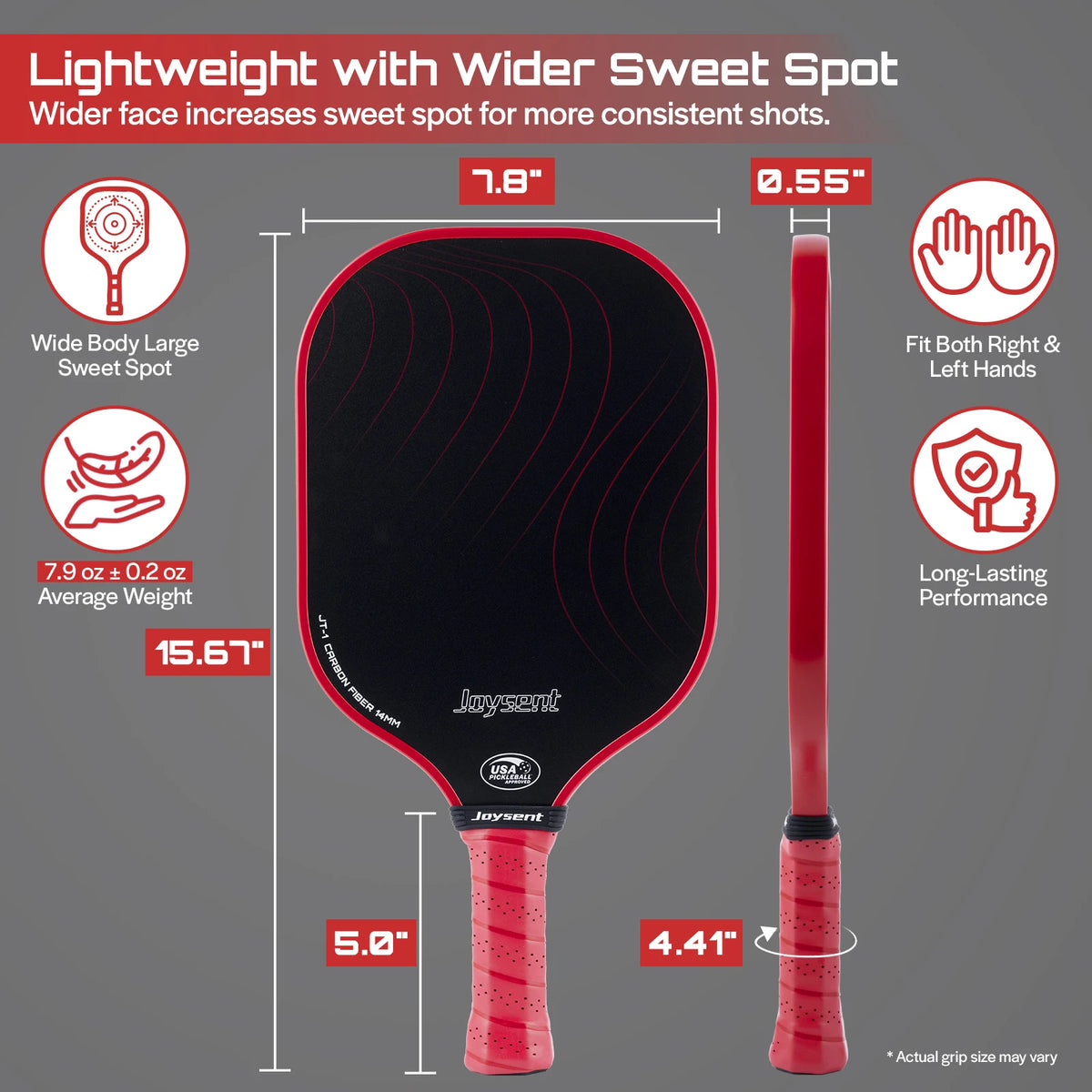 Raquette de pickleball Joysent en carbone rouge de face et de profil avec ses dimensions et pictogrammes