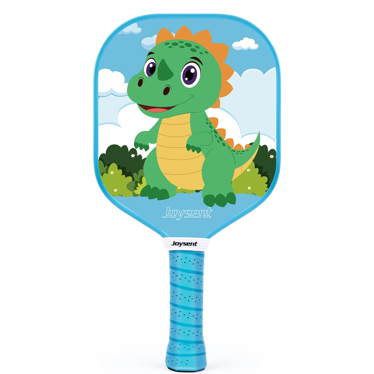 Raquette de pickleball enfant Joysent décor petit dinosaure vert dans un ciel bleu, grip bleu, vue de face