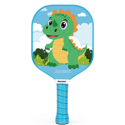 Raquette de pickleball enfant Joysent décor petit dinosaure vert dans un ciel bleu, grip bleu, vue de face