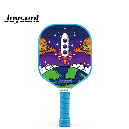 Raquette de pickleball enfant Joysent décor fusée au-dessus de la Terre, cadre et grip bleu ciel, vue de face