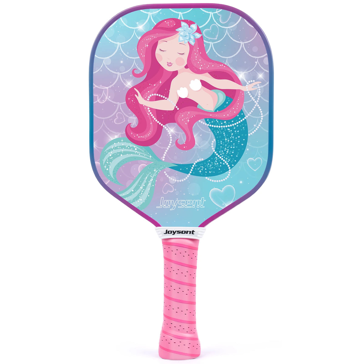 Raquette de pickleball enfant Joysent décor sirène aux cheveux roses sur fond turquoise, grip rose, vue de face