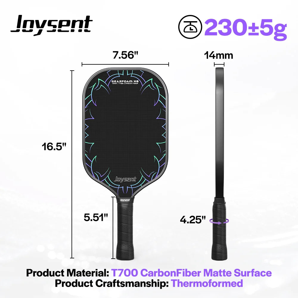 Raquette de pickleball Joysent T700 thermoformée noire, 230 g, 14 mm