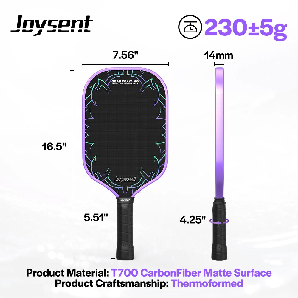 Raquette de pickleball Joysent T700 thermoformée violette, 230 g, 14 mm