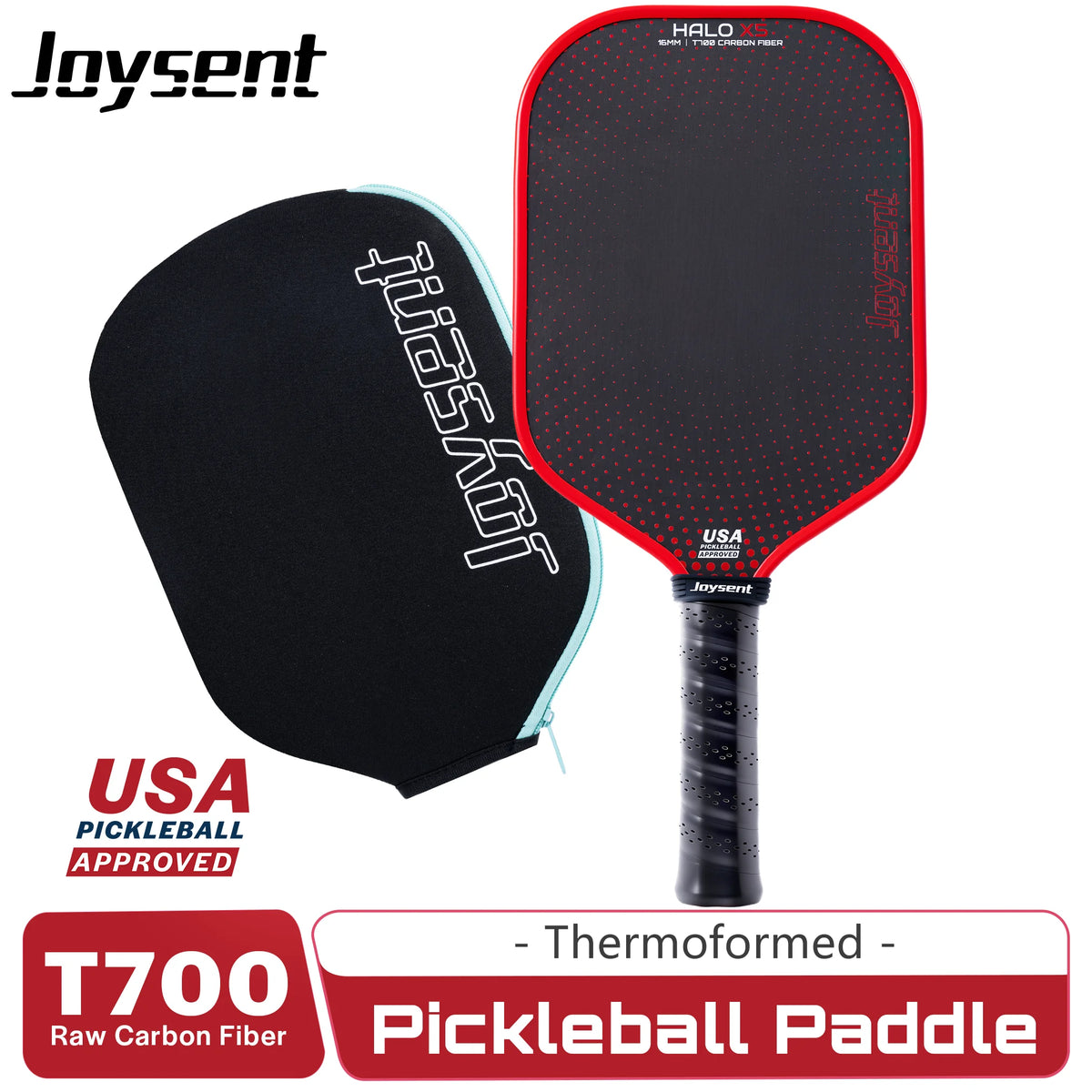 Raquette de pickleball Joysent Halo X5 rouge et noire posée à côté de sa housse noire, avec badge USA Pickleball