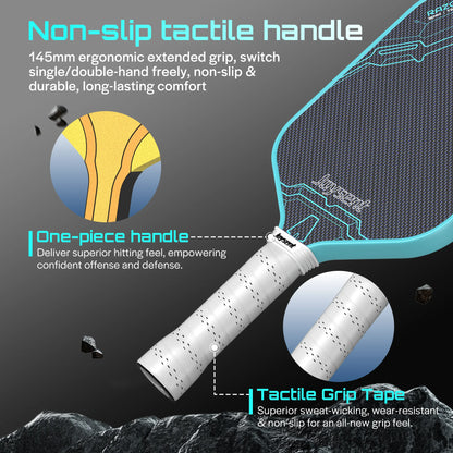 Raquette de pickleball Joysent Razor : détail du manche allongé et de son grip blanc perforé, cadre turquoise