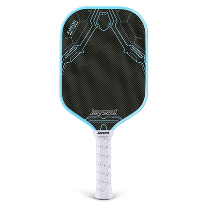 Raquette de pickleball Joysent Razor bleu ciel vue de face sur fond blanc, face carbone noire et grip blanc