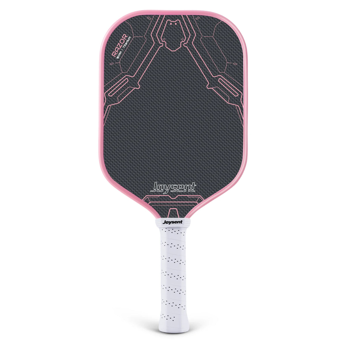 Raquette de pickleball Joysent Razor rose vue de face sur fond blanc, face noire à motifs roses et grip blanc