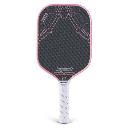 Raquette de pickleball Joysent Razor rose vue de face sur fond blanc, face noire à motifs roses et grip blanc