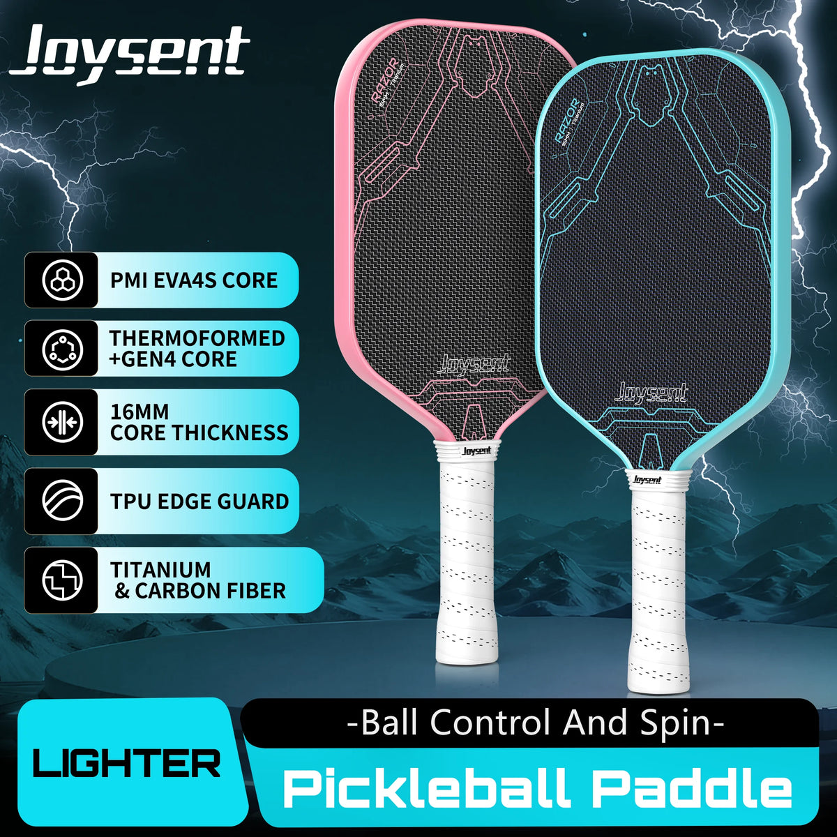 Raquette de pickleball Joysent Razor en coloris rose et bleu turquoise, présentées côte à côte avec leur grip blanc