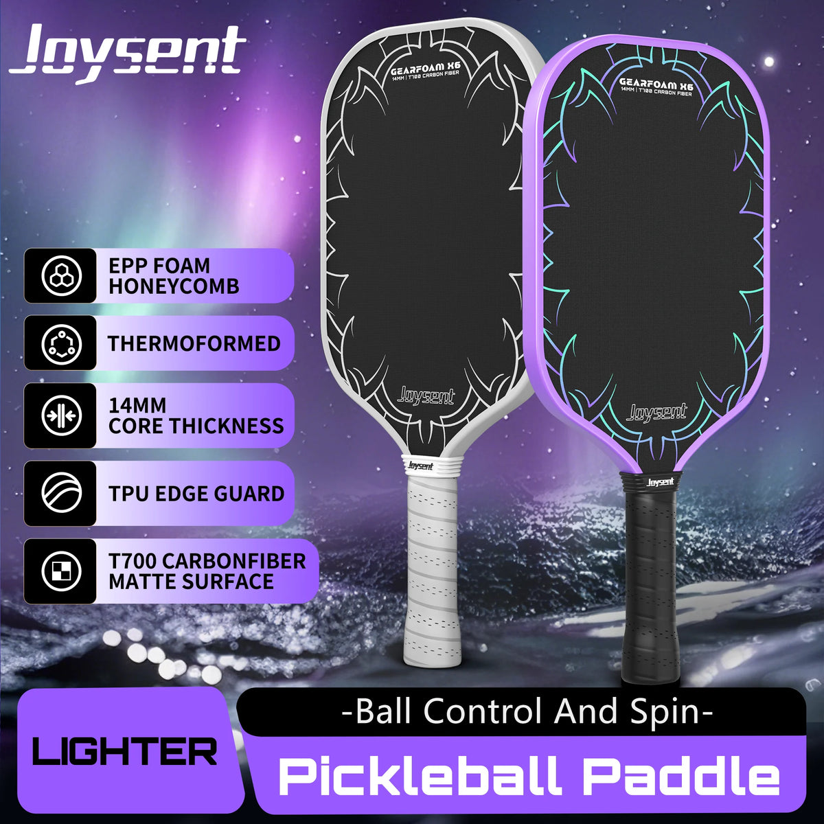 Raquettes de pickleball Joysent T700 thermoformées, noyau mousse EPP 14 mm, coloris gris clair et violet