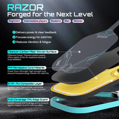 Raquette de pickleball Joysent Razor en vue éclatée : surface carbone, noyau PMI, couche EVA et cadre TPU turquoise