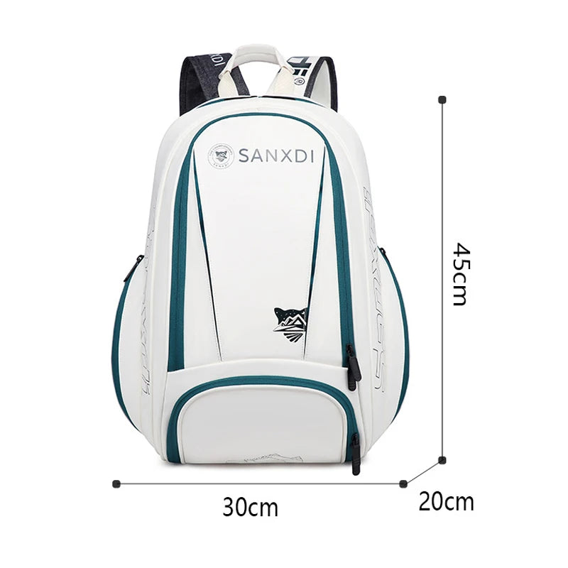 Sac à dos SANXDI blanc vu de face avec ses dimensions indiquées : 45 cm de haut, 30 cm de large, 20 cm de profondeur