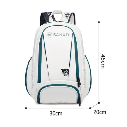Sac à dos SANXDI blanc vu de face avec ses dimensions indiquées : 45 cm de haut, 30 cm de large, 20 cm de profondeur