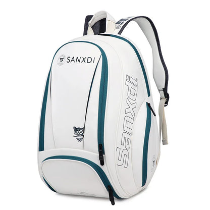 Sac à dos SANXDI blanc à liserés vert pétrole, vue de trois quarts sur fond blanc, bretelles grises et beiges