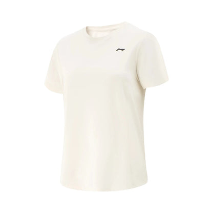 T-shirt technique femme Li-Ning AT DRY FREEZE blanc cassé vu de face, col rond et logo noir discret