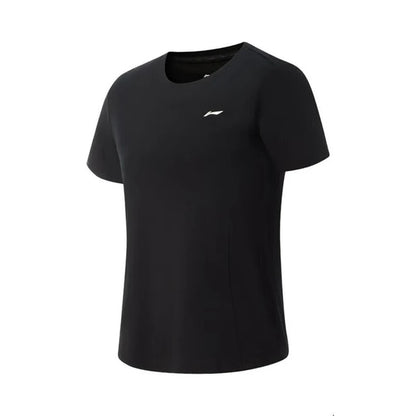 T-shirt technique femme Li-Ning AT DRY FREEZE noir vu de face, petit logo blanc sur la poitrine